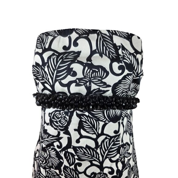 Ruth Black White Strapless Cotton Sheath Dress Size 4 Beaded Bustline Stretch - Picture 5 of 8